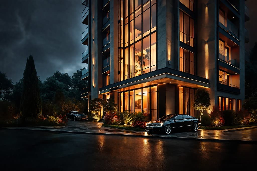 Edificio residencial moderno con iluminación nocturna — Renta Fija con Garantía Real, inversión con respaldo inmobiliario en Colombia